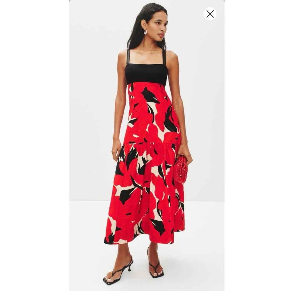 AMUR Black Red Slena Tie Back Floral Print Side Cut-Outs Square Neck Dress sz 8